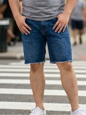 True Craft Men's Dark Blue Frayed Hem Denim Shorts
